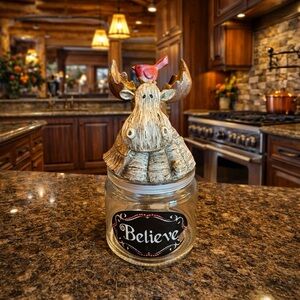 Holiday 'Believe' Moose Jar with Red Bird Lid